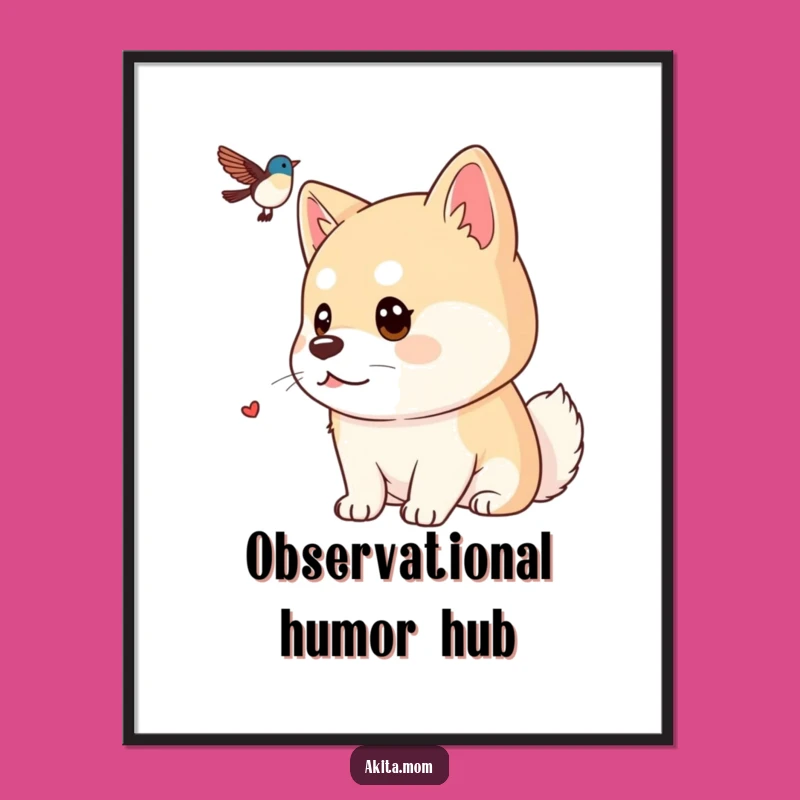Funny Kawaii Akita Bird Watching Poster: Focused Dog Gaze Wall Art, Perfect Gift for Nature Lovers