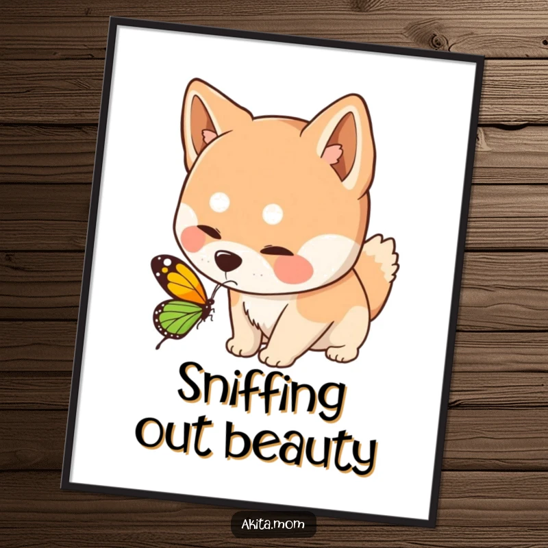 Funny Kawaii Akita dog poster art, showing a curious sniff at a butterfly, adding gentle humor and nature's beauty to wall decor.