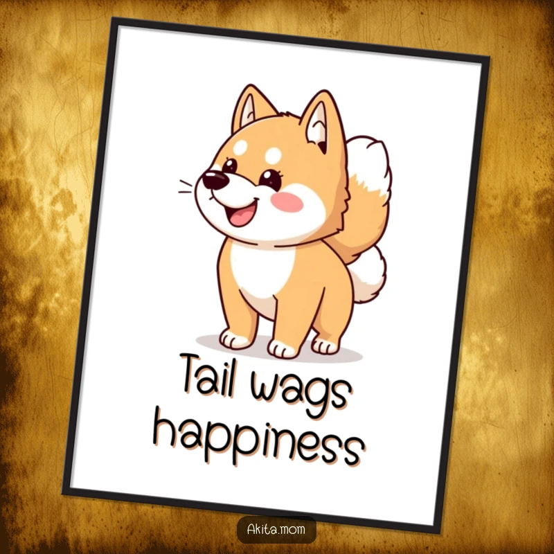 Funny Kawaii Akita dog poster art, illustrating an exuberant wagging tail, bringing energetic and humorous vibes to any wall space.