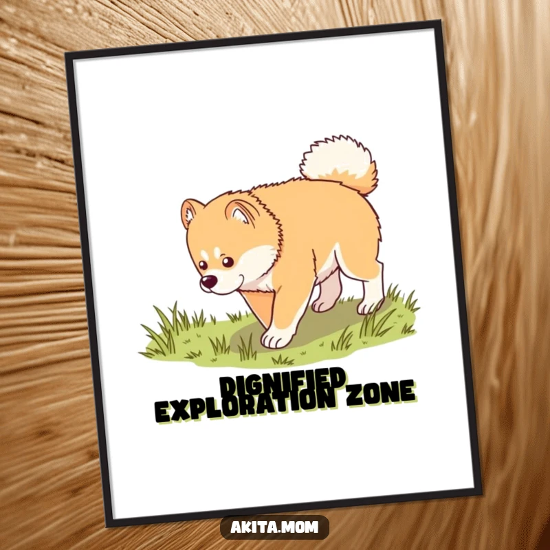 Funny Kawaii Akita poster art, displaying a dog in a dignified trot exploring grass, bringing serene and contemplative vibes to any space.