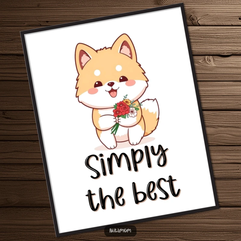Funny Kawaii Akita poster illustrating a proud dog carrying a small, vibrant bouquet of flowers, adding a cheerful and proud touch.