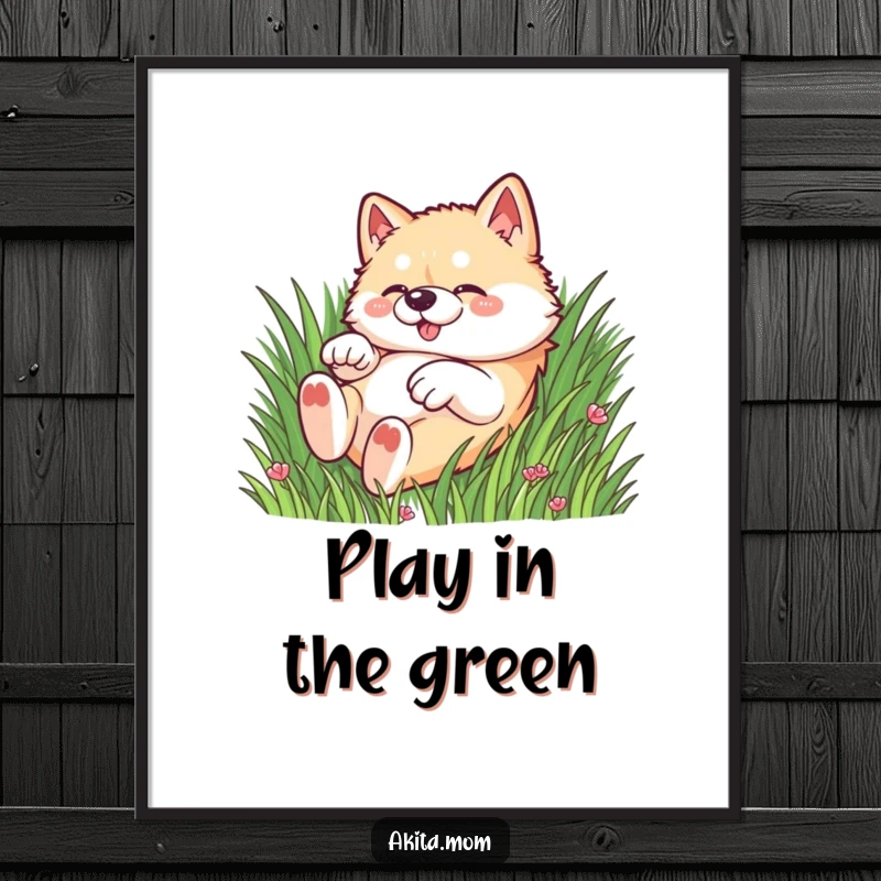 Funny Kawaii Akita dog poster, vividly depicting a dog in a joyful, playful roll across lush green grass.