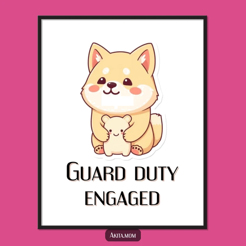 Decorate your space with this endearing poster of a kawaii Akita guarding its tiny toy with a stoic, happy expression. A unique and funny gift!