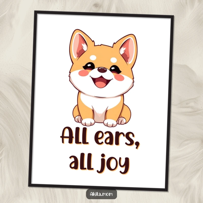Funny Kawaii Akita Poster, a joyful dog with perked ears listening intently, heartwarming wall art, perfect funny gift.