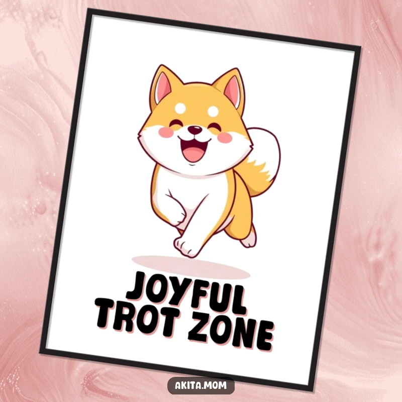Funny Kawaii Akita poster, a happy dog in an energetic trot with a curved tail, conveying pure joy.
