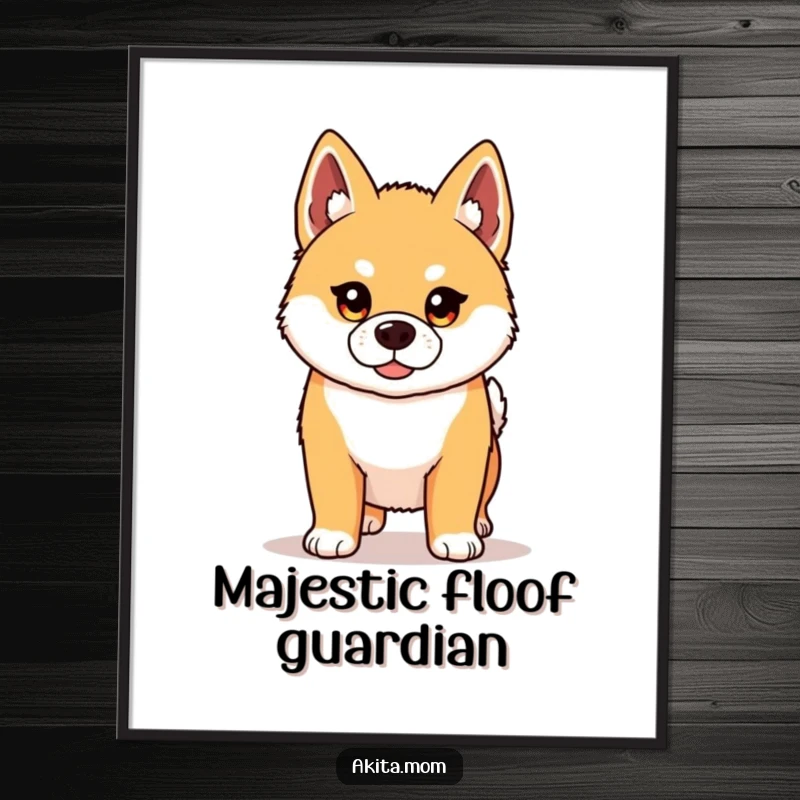 Funny Kawaii Akita poster showing a proud dog standing tall with attentive ears. Ideal humorous wall art for Akita fans.