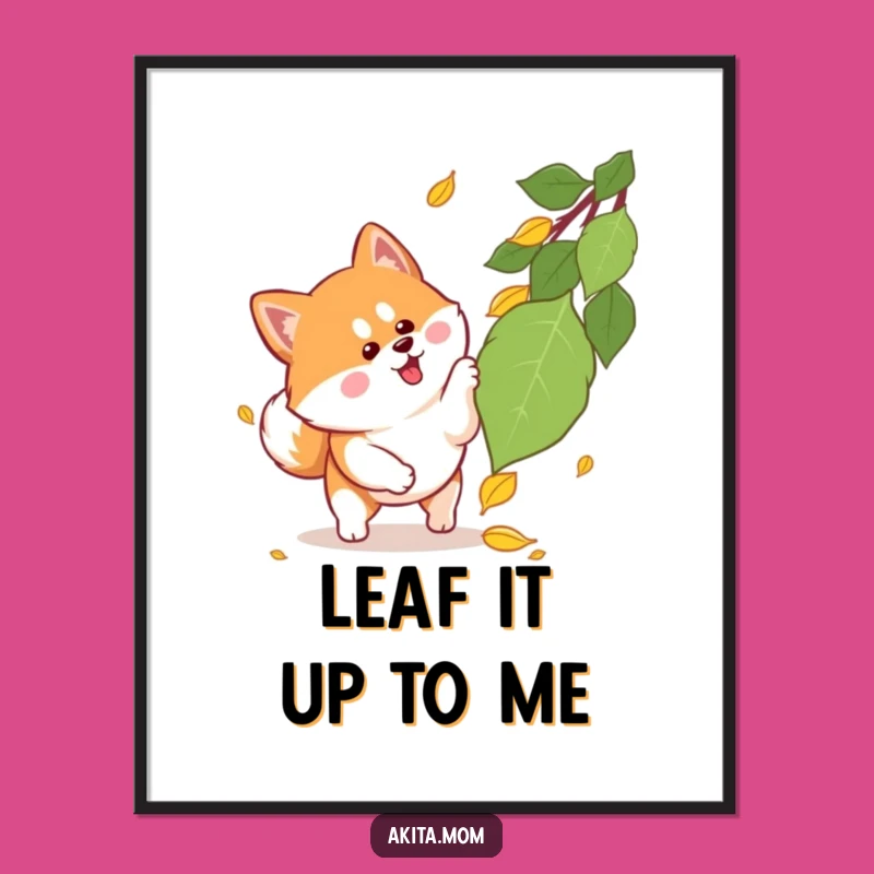Funny Kawaii Akita Pouncing Leaf Poster: Adorable Autumn Wall Art Gift!