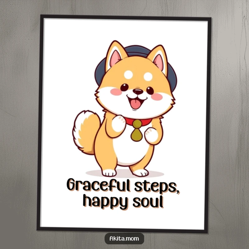 Funny Kawaii Akita Poster, a cute dog performing a dignified, joyful tiptoe, quirky and artistic, perfect funny gift.