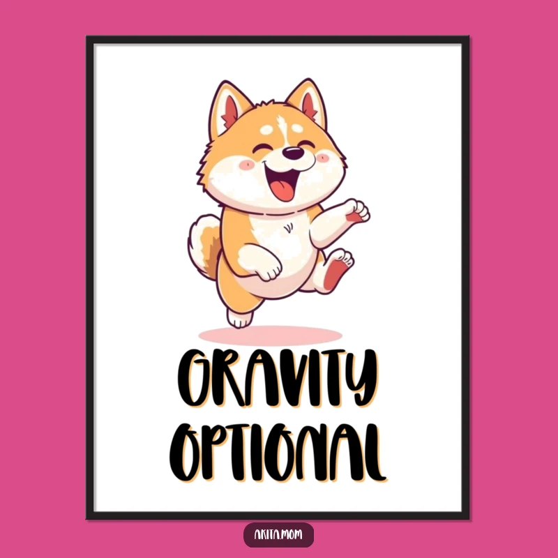 Funny Kawaii Akita Dog Leaping Poster - Dynamic Art & Playful Humor Gift!