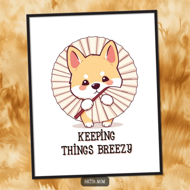 Funny Kawaii Akita dog poster art, showing a cute peek from behind a fan, adding playful humor and charm to wall decor.