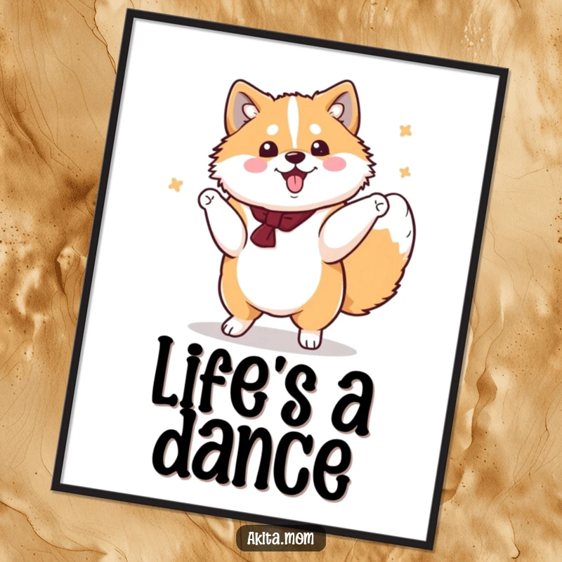 Funny Kawaii Akita Poster, a cute dog performing a dignified yet cheerful spin, a joyful and humorous wall art.