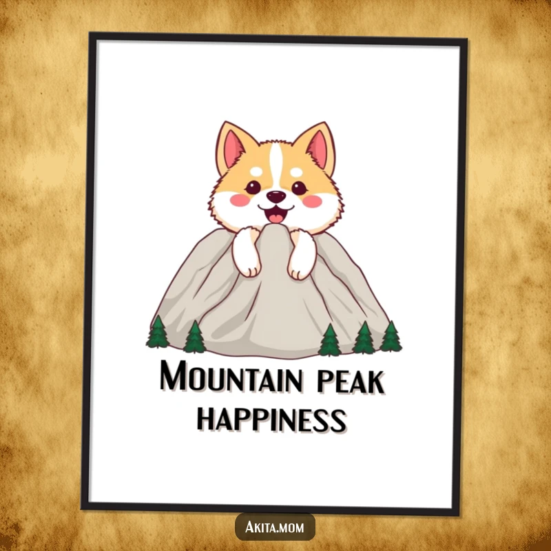 Funny Happy Akita Poster: Dog peeking from behind a cheerful mountain, creating a sense of adventure and happiness.