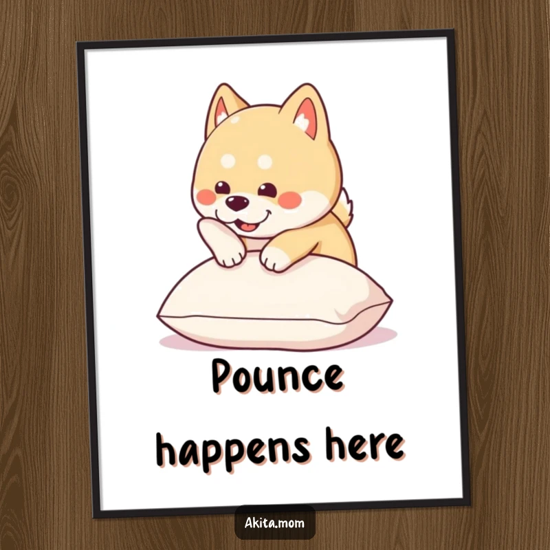Funny Kawaii Akita poster showcases a cute dog energetically pouncing onto a soft cushion, perfect for adding humor to decor.