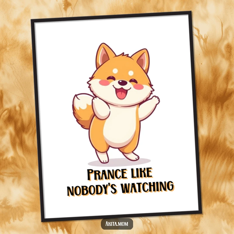 Funny Kawaii Akita Poster: Cute dog character in a funny, spirited prance, creating a lively and cheerful wall art piece.