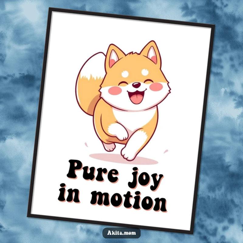 Funny Kawaii Akita poster depicting a dog trotting with pure joy and a curled tail. Humorous art for Akita lovers.