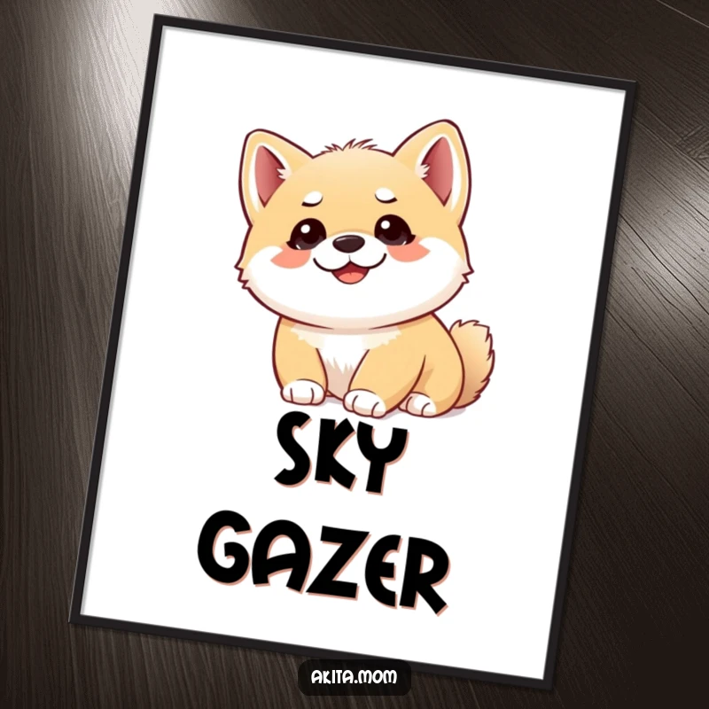 Funny Akita cub poster showing a smiling puppy with alert ears looking upwards, perfect for adding a touch of curious charm.