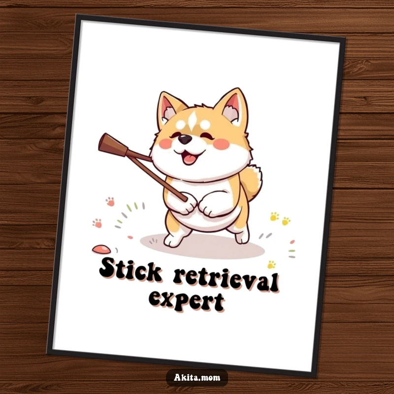 Funny Kawaii Akita dog poster, vividly depicting a dog with intense determination, actively fetching a stick.