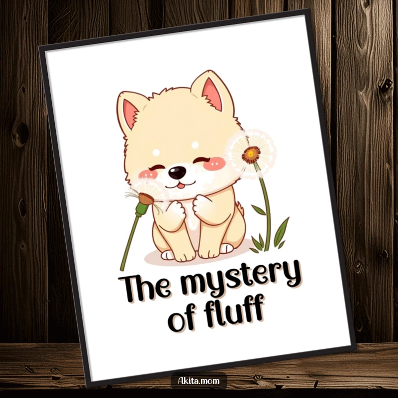 Curious Kawaii Akita Dandelion Poster: A kawaii Akita dog curiously sniffing a giant dandelion, creating a whimsical and charming scene.