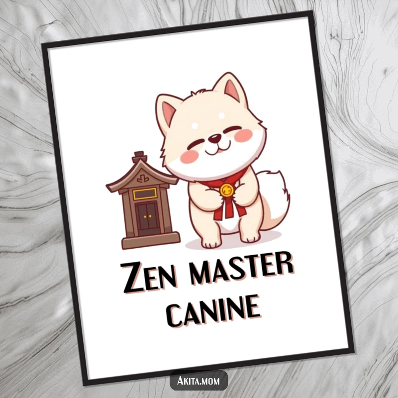 Funny Kawaii Akita poster with a dignified wink, standing next to a miniature shrine, conveying playful spirituality and good luck.