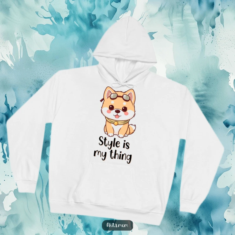 Funny Kawaii Akita dog hoodie, depicting a dog wearing a delightful and charming little accessory, perfect for cozy style.