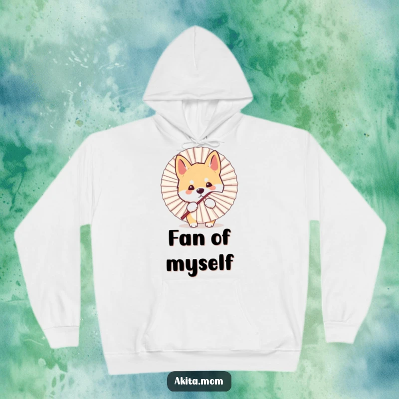 Funny Kawaii Akita dog hoodie, showing a playful peek from behind a fan, offering warmth and a dose of hide-and-seek humor.