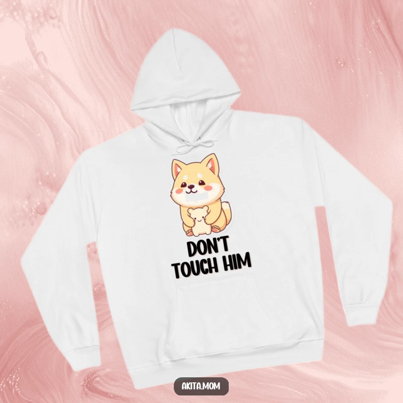Funny Kawaii Akita hoodie with a happy, stoic expression, guarding a tiny, smiling toy, exuding protective and loving vibes.