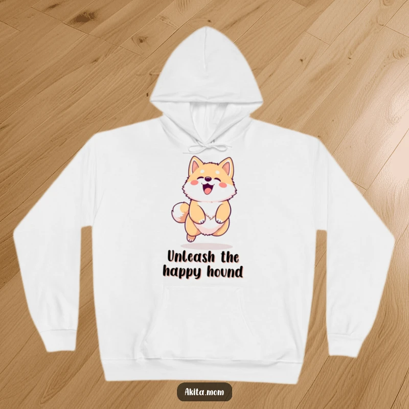 Funny Kawaii Akita hoodie, showing a happy dog barking and leaping with enthusiasm, perfect for cozy, playful moments and dog fans.