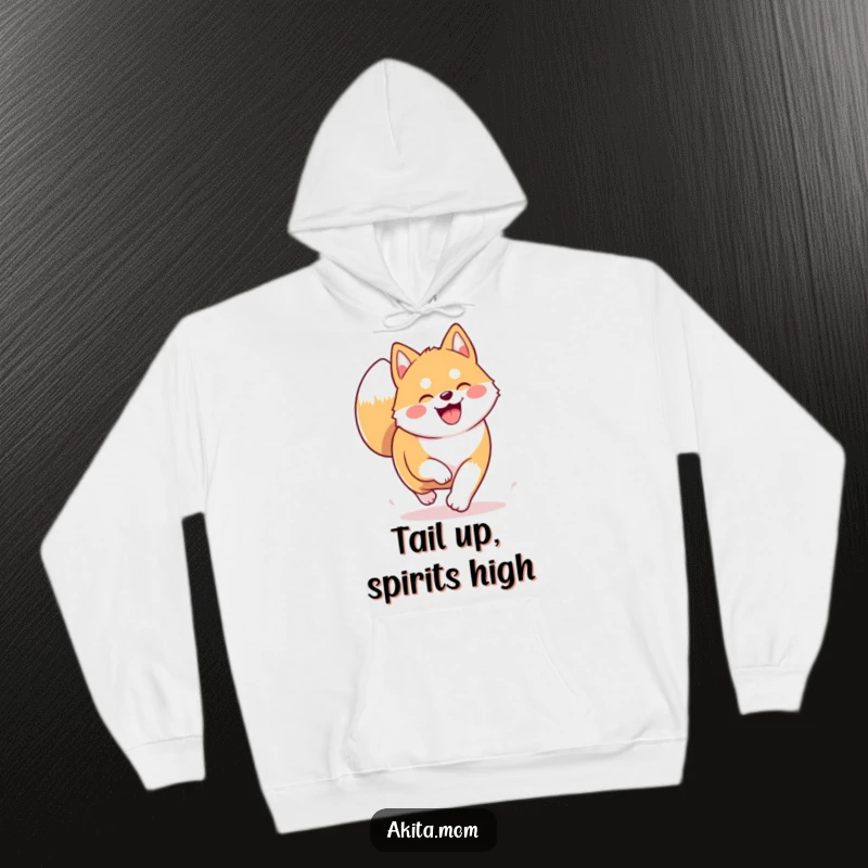 Funny Kawaii Akita hoodie showing a dog trotting with joy and a high tail. Comfortable and humorous gift for Akita admirers.