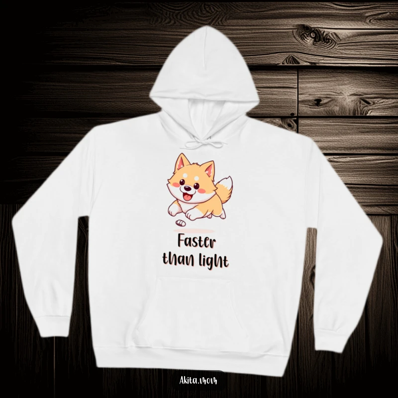 Funny Kawaii Akita hoodie depicting a happy, bounding run with ears flying, offering warmth and a sense of joyful motion.