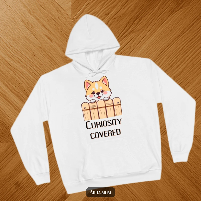 Funny Kawaii Akita hoodie shows a cute dog peeking over a fence with a curious and friendly expression, ideal for dog enthusiasts.