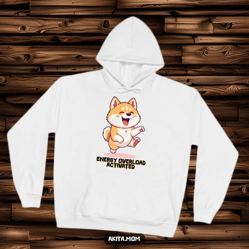Funny Kawaii Akita dog hoodie, illustrating a dynamic leap with playful energy, offering warmth and a dose of cheer.