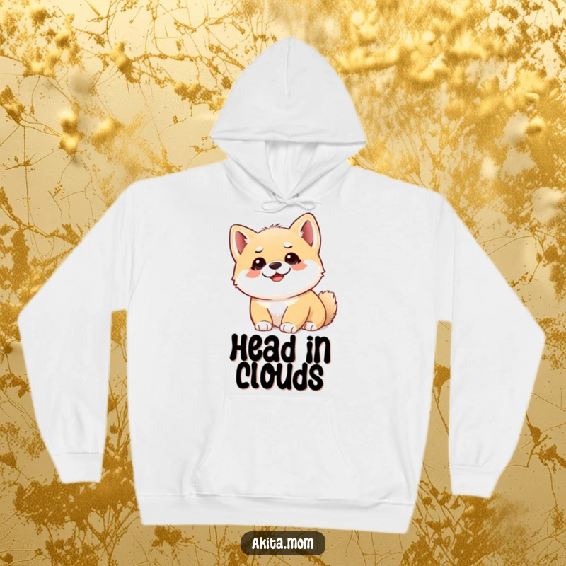 Funny Akita cub hoodie depicting a smiling puppy with alert ears looking upwards, ideal for sparking conversation and warmth.