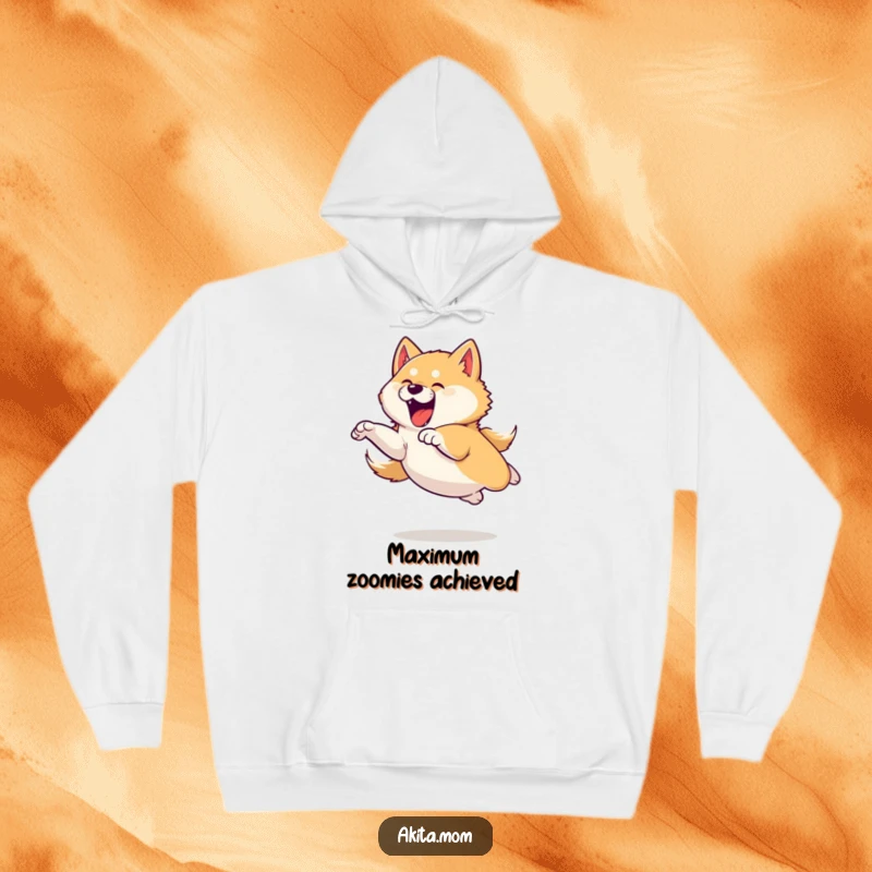 Funny hoodie illustration of an Akita dog in a mid-air, powerful yet playful leap, embodying pure canine energy.