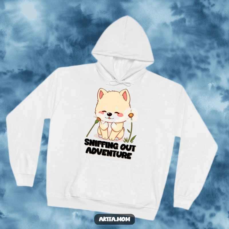 Whimsical Kawaii Akita Dandelion Hoodie: A kawaii Akita curiously sniffing a giant dandelion, embodying gentle curiosity and charm.