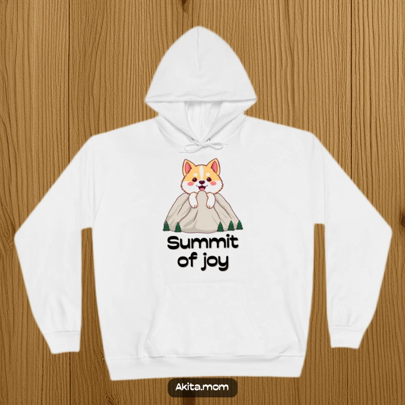 Funny Happy Akita Hoodie: Dog peeking from behind a cheerful mountain, offering warmth and a spirit of adventure.