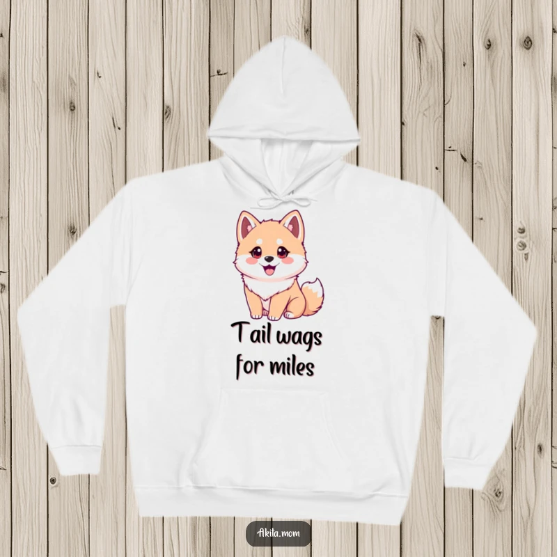 Funny Akita hoodie featuring an eager dog with bright eyes and a wagging tail. A warm, humorous gift for dog enthusiasts.