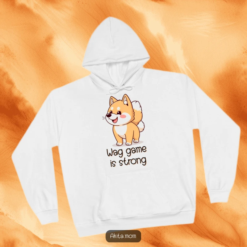 Funny Kawaii Akita dog hoodie, depicting an intensely happy tail wag, offering warmth and a dose of humor for wearers.
