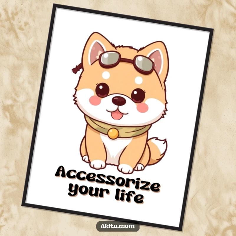 Funny Free Printable Kawaii Akita dog wearing a stylish accessory, looking dapper and cute as downloadable wall art.