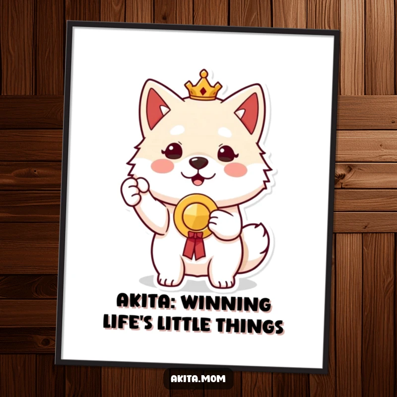 Free Printable Wall Art: A proud Akita dog holding up a small prize, looking triumphant and happy.