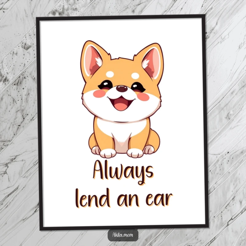 Funny Free Printable Wall Art: A cute kawaii Akita with perked ears, listening intently and filled with joy, perfect decor.