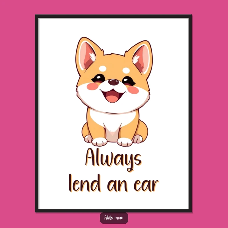 Funny Free Printable Wall Art: Kawaii Akita Listening Joyfully, Quirky Downloadable Decor