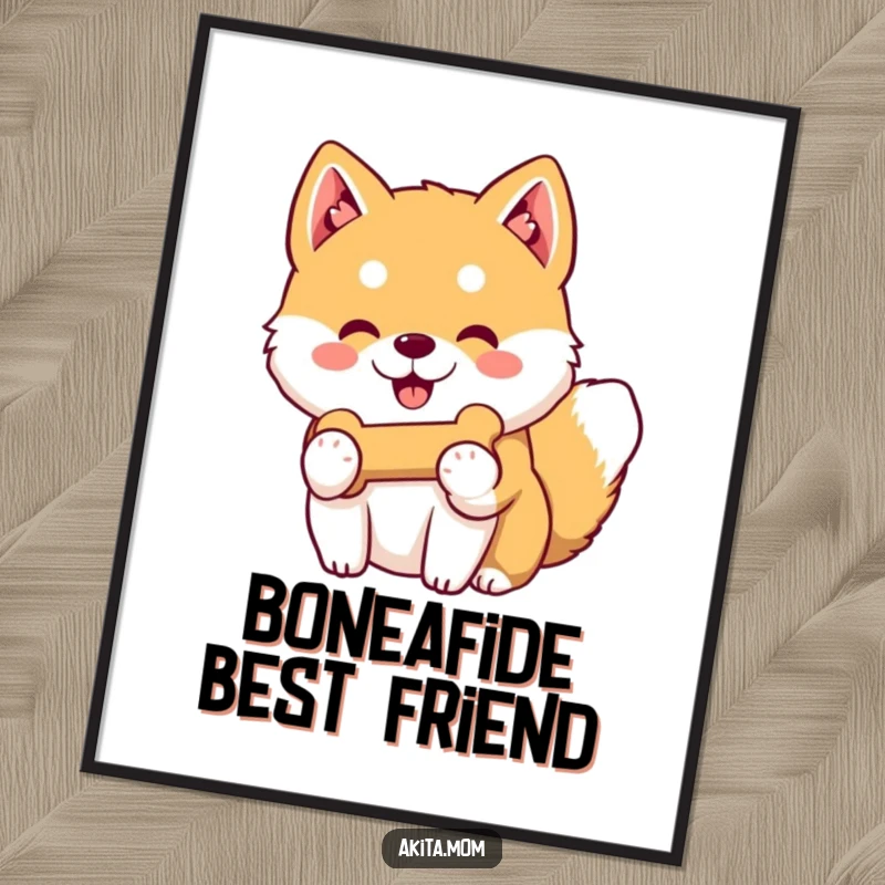 Funny Free Printable Wall Art: A Kawaii Akita with a gentle smile, offering its favorite toy bone.