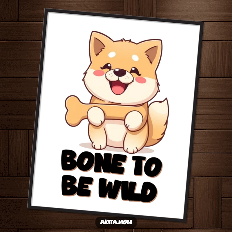 Funny Free Printable Kawaii Akita dog with a huge, beaming smile, holding a tasty-looking bone, perfect for wall art.