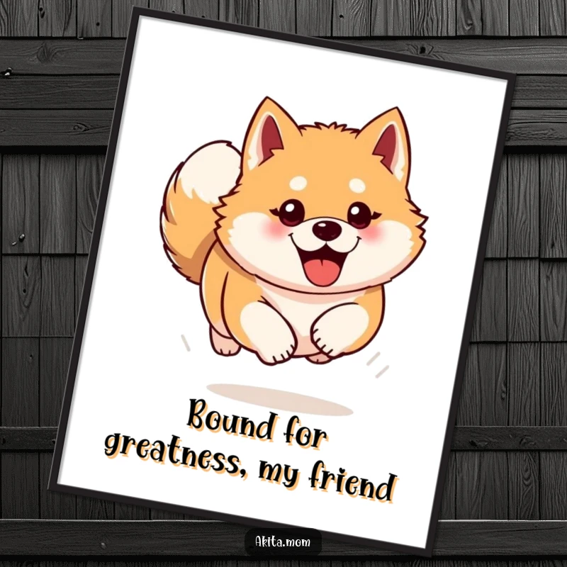 Funny Free Printable Akita Wall Art: Akita dog bounding forward with pure enthusiasm and energy, downloadable decor.