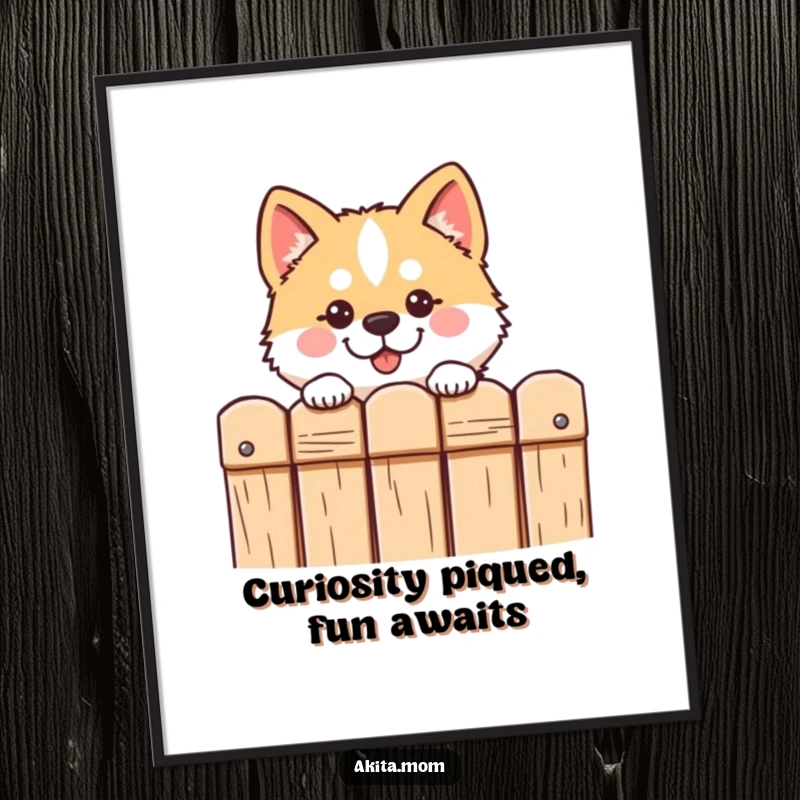 Funny Free Printable Akita Wall Art: Kawaii dog peeking inquisitively over a fence, adding character to decor.