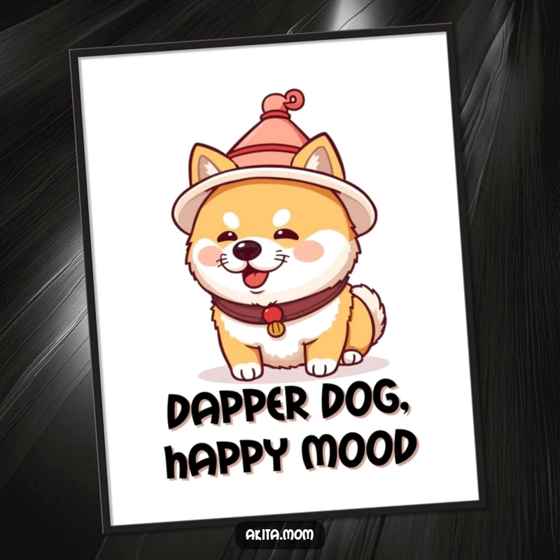 Funny Free Printable Akita Wall Art: Akita dog wearing a tiny traditional Japanese hat, stylish and cultured, downloadable decor.