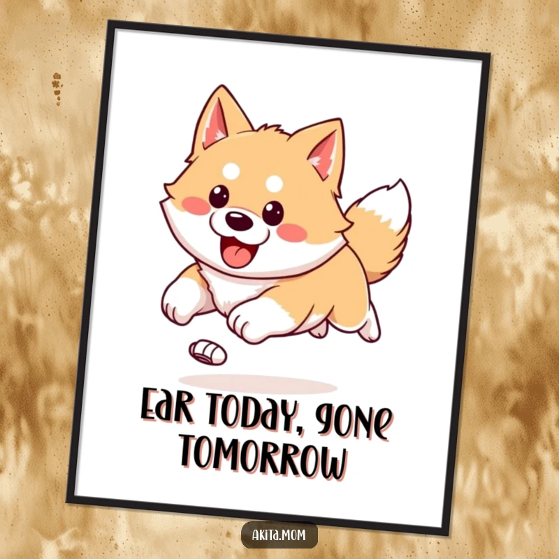 Funny Free Printable Wall Art: Kawaii Akita in a happy, bounding run with ears flying, a dynamic and humorous piece.