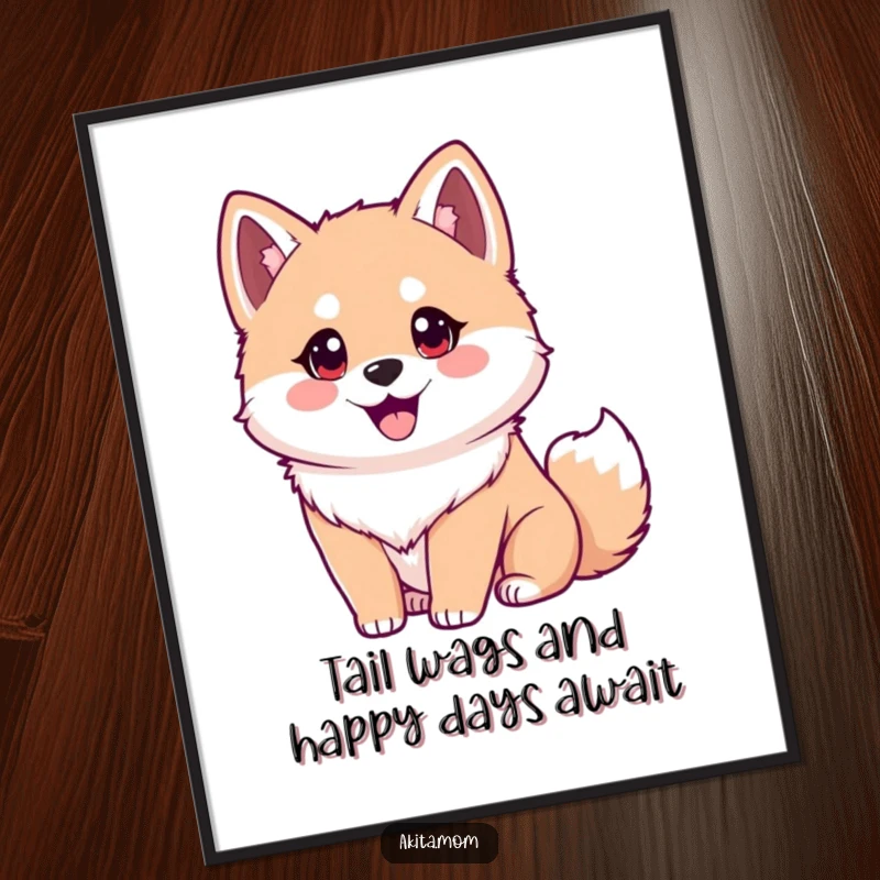 Funny Free Printable Akita Wall Art: Eager dog with bright eyes and wagging tail, radiating happiness, downloadable art.