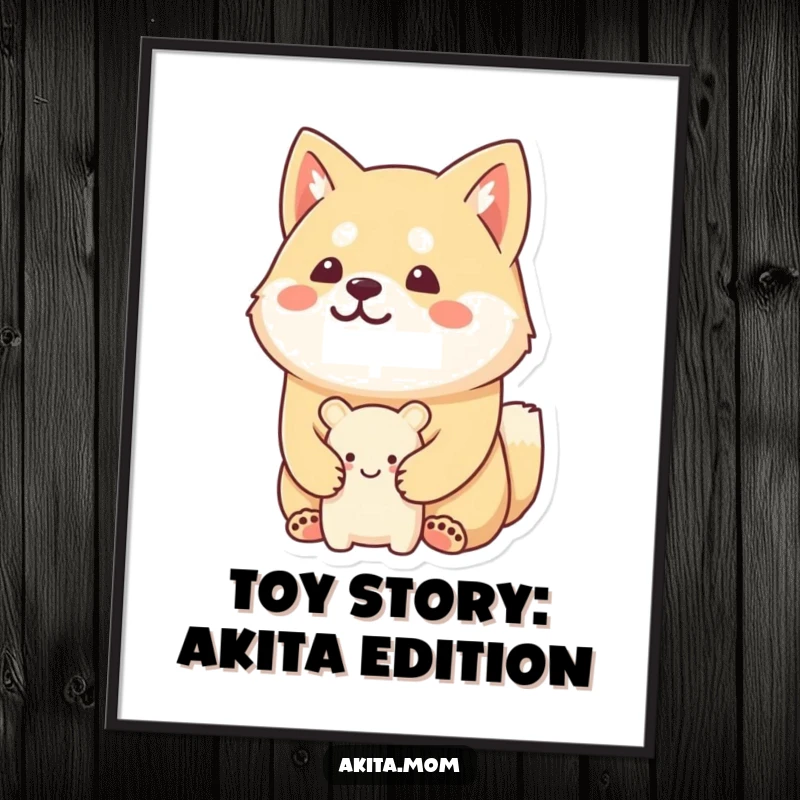 Funny Free Printable Wall Art: Kawaii Akita happily guarding a small smiling toy, adding humor and loyalty to your decor.