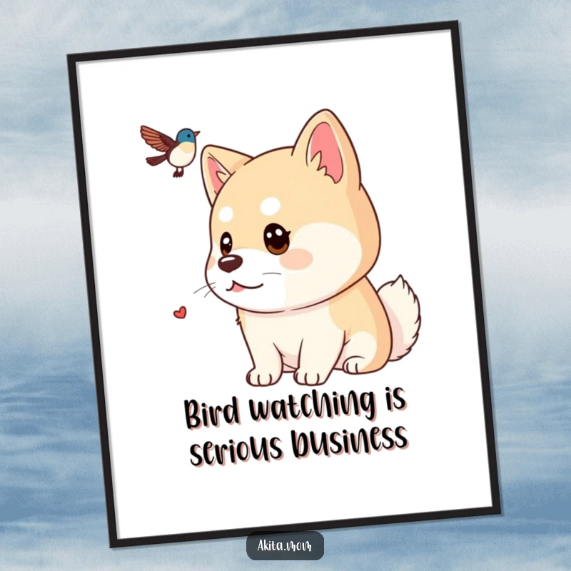 Funny Free Printable Wall Art: A kawaii Akita with a sharp, focused gaze intently watching a bird in the distance.